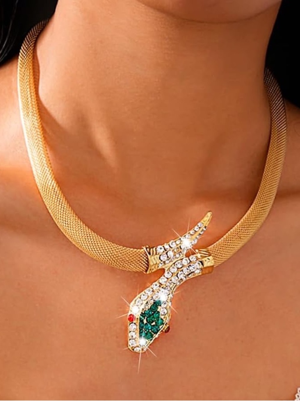 Anthropologie Gold-Tone Snake Necklace with Green & Red Accents - Picture 7 of 8